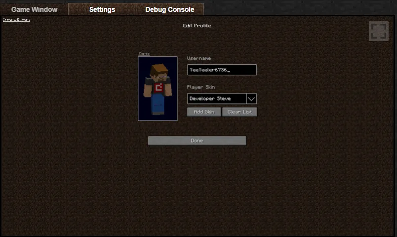 Eaglercraft profile customization screen